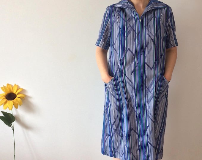 Vintage 60s Blue & White Midi Dress