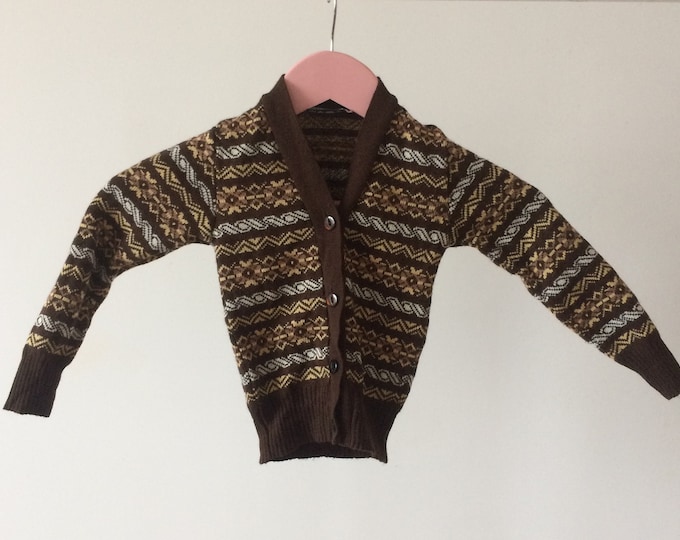 Vintage 70s Children's Brown White & Yellow Cardigan.