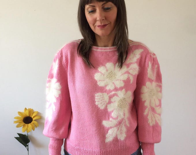 Vintage 80s Pink with White Flower Knit Jumper