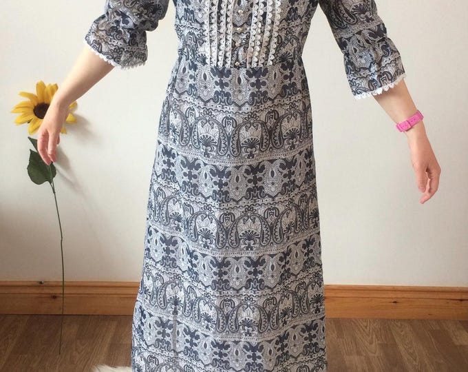 Vintage 70s Dark Grey Blue & White Maxi Dress