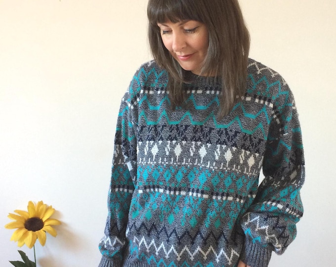 Vintage 80s Grey & Teal Jumper