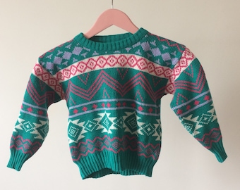 Vintage 80s Children's Green White Pink & Lilac Jumper.