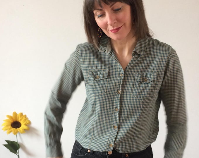 Vintage 90s Green & Beige Check  Blouse