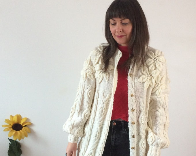 Vintage White Cable Knit Cardigan with Floral Embellishments