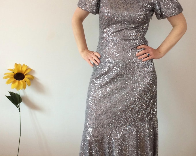 Vintage 80s Sliver Sequins Midi Dress