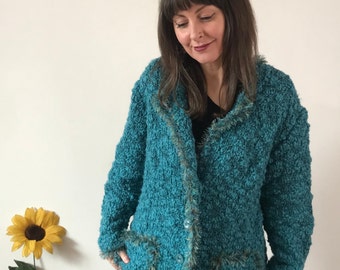 Vintage 80s Teal Chunky Knit Cardigan