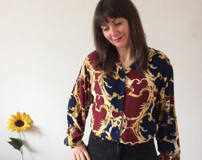 Vintage 90s Abstract Print Navy Burgundy & Beige Shirt