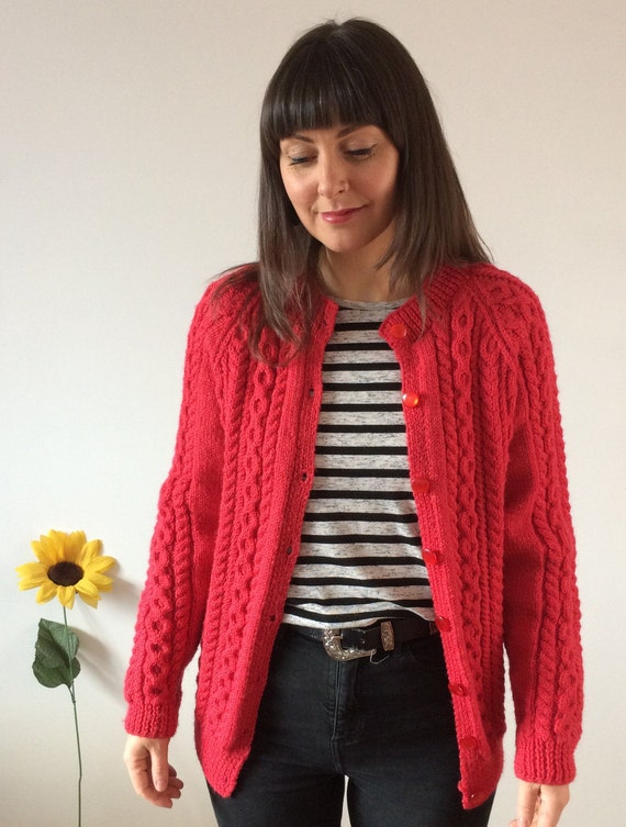 Vintage Red Hand knit Aran Cardigan