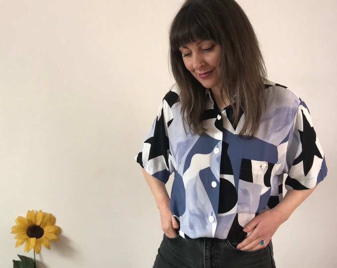 Vintage 80s Black & Blue Geometric Blouse