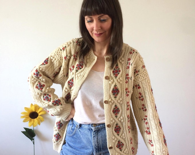 Vintage 70s Cream Cable Knit Cardigan with Embroidery Detail