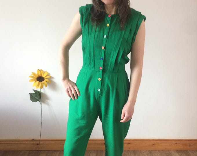 Vintage Green Button Up Sleeveless Jumpsuit