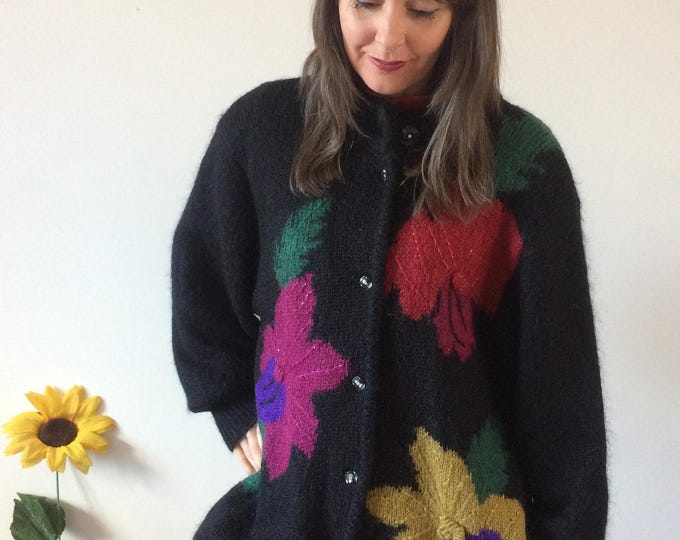 Vintage 80s Black with Floral Applique Midi Cardigan
