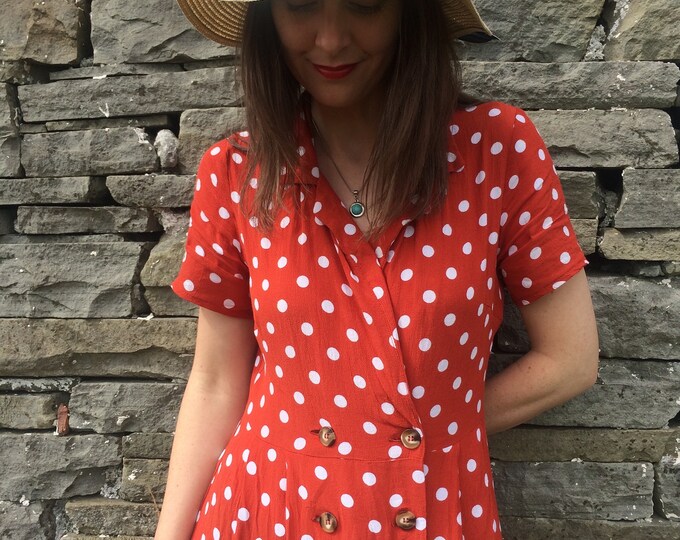 Vintage 90s Orange with White Polka dots Midi Dress