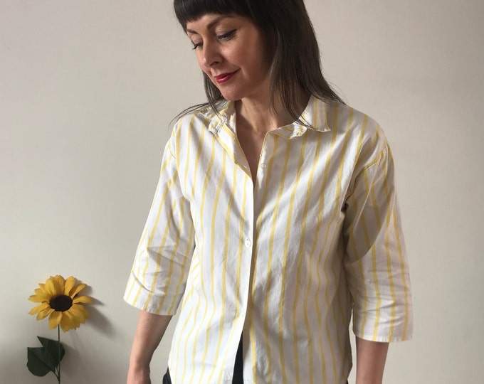 Vintage 80s White with Yellow Striped  Blouse