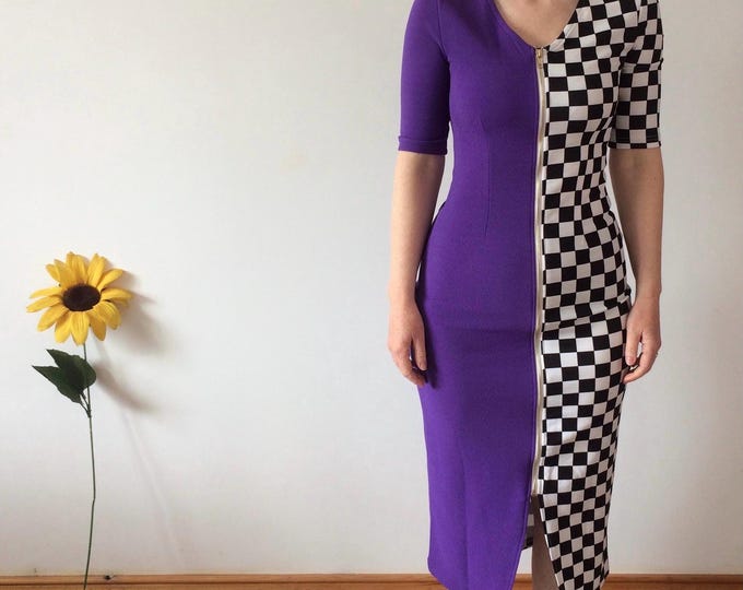 Vintage Purple Black & White Check Midi Dress