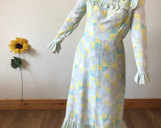 Vintage 70s Yellow White & Blue Maxi Dress