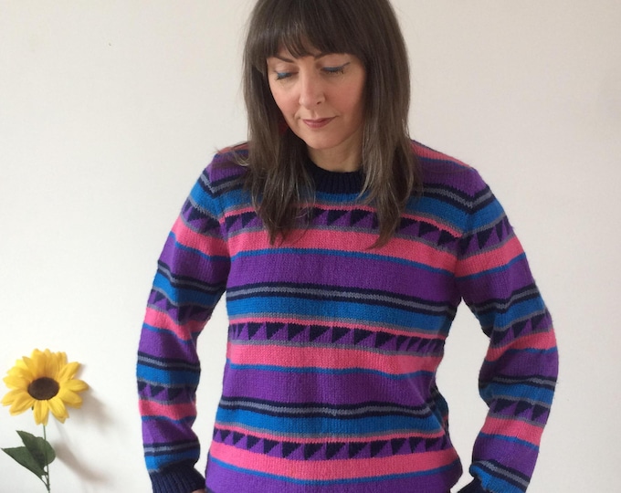 Vintage 80s Pink Purple & Blue Striped Jumper