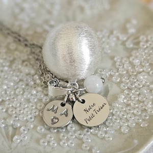 Our Little Treasure brushed silver plated pregnancy bola with customizable medal engraved with moonstone initials on steel chain