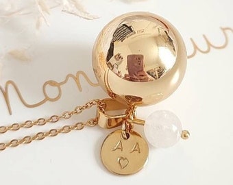 Gold pregnancy bola customizable medallion initials and moonstone on golden chain