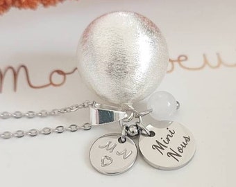 Pregnancy bola Mini Us silver customizable engraving of parents' initials and its moonstone on stainless steel chain.