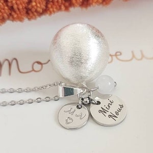 Pregnancy bola Mini Us silver customizable engraving of parents' initials and its moonstone on stainless steel chain. image 1