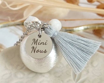 Pregnancy bola Mini Nous handmade pompom and moonstone on brushed silver plated ball and hypoallergenic stainless steel chain.