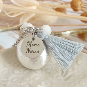 Mini Pregnancy Bola We handmade pompom and moonstone on brushed silver plated ball and hypoallergenic stainless steel chain.