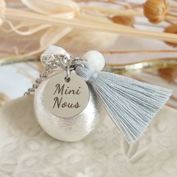 Pregnancy bola Mini Nous handmade pompom and moonstone on brushed silver plated ball and hypoallergenic stainless steel chain.