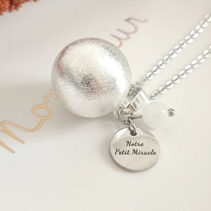 Brushed silver pregnancy bola Our Little Miracle and its moonstone on hypoallergenic stainless steel chain image 2