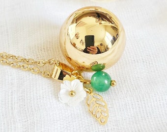 Gold pregnancy bola, pearly flower leaf and Aventurine stone on golden chain