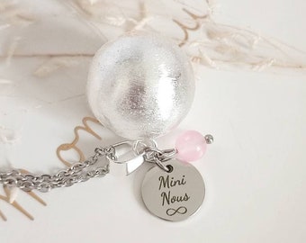 Brushed silver pregnancy bola Mini Nous infinity rose quartz stone on hypoallergenic stainless steel chain