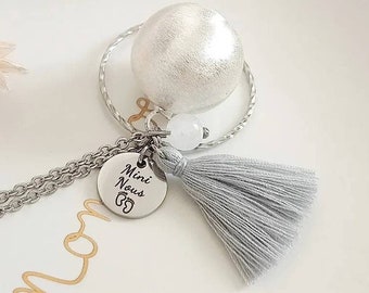 Brushed silver pregnancy bola Mini We little customizable pompom feet and moonstone on hypoallergenic stainless steel chain