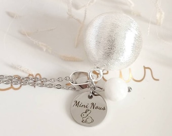 Silver pregnancy bola Mini Nous Rabbit and moonstone on hypoallergenic stainless steel chain.