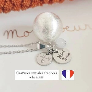 Bola de grossesse Mini Nous argent gravure personnalisable initiales parents et sa pierre de lune sur chaîne acier inoxydable . image 2