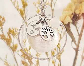 Bola de grossesse arbre de vie argent brossé médaille personalisable avec gravures initiales et pierre de lune anneau ciselé chaine acier