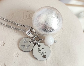 Brushed silver pregnancy bola Mini Us star customizable medal with engraving initials parents and baby moonstone steel chain