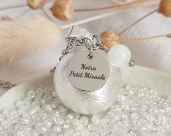 Brushed silver pregnancy bola Our Little Miracle and its moonstone on hypoallergenic stainless steel chain