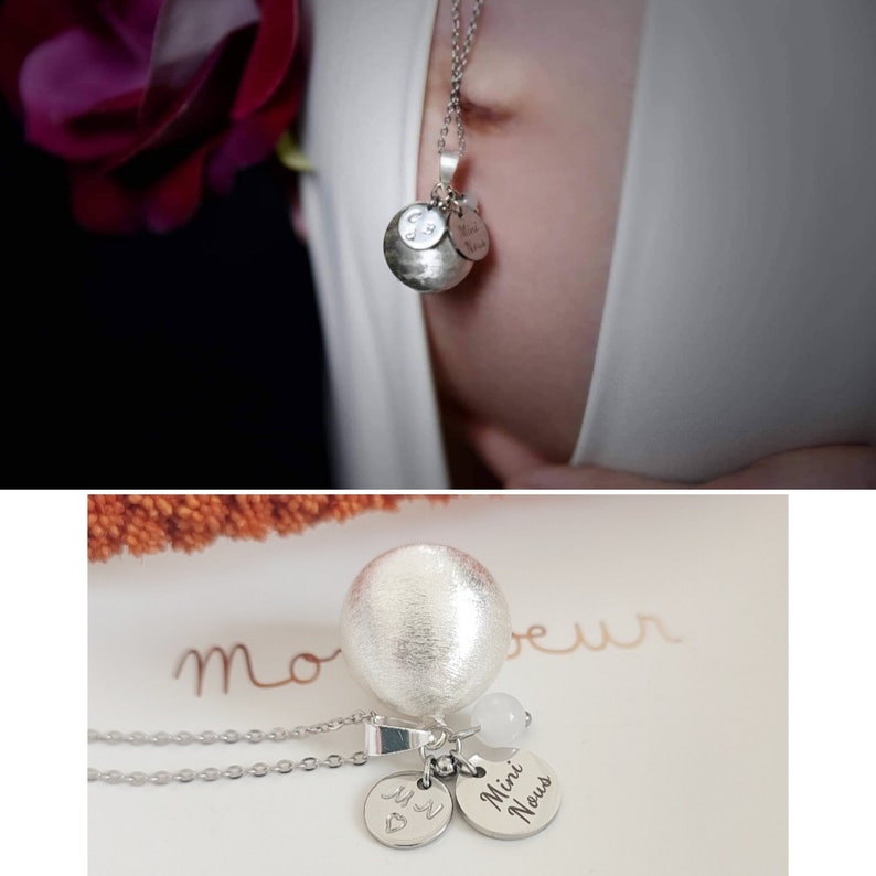 Pregnancy bola Mini Us silver customizable engraving of parents' initials and its moonstone on stainless steel chain. image 3