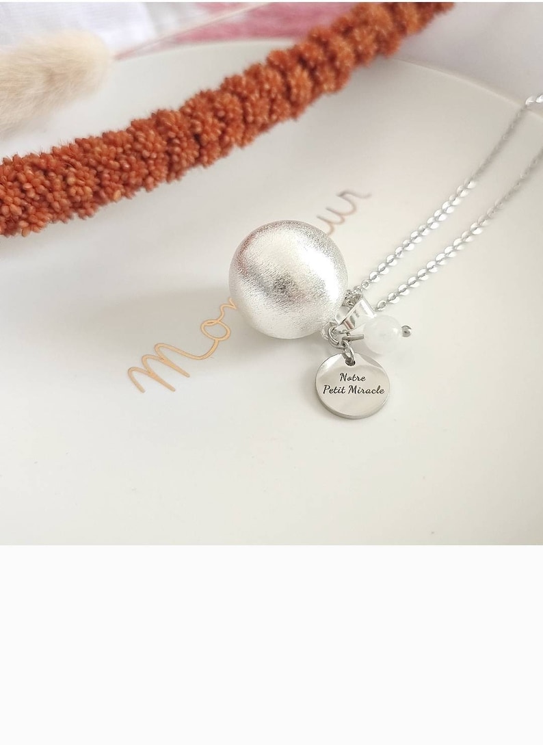 Brushed silver pregnancy bola Our Little Miracle and its moonstone on hypoallergenic stainless steel chain image 2