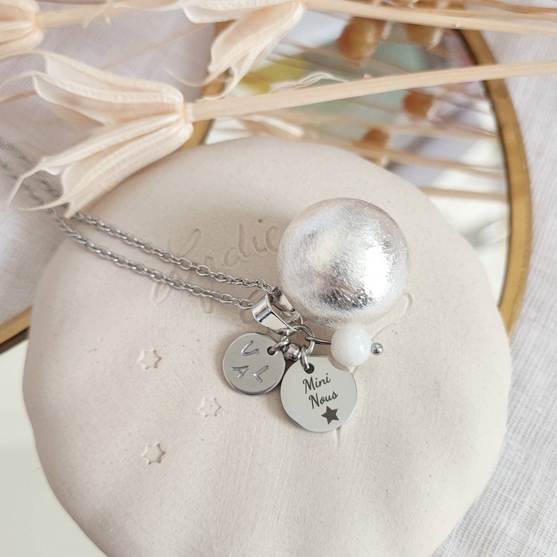 Brushed silver pregnancy bola Mini Us star customizable medal with engraving initials parents and baby moonstone steel chain image 1