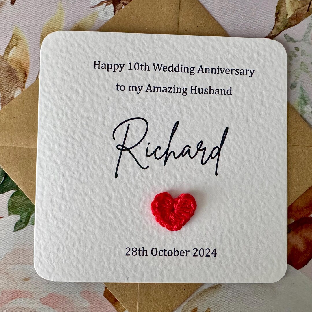 Personalised 10th Wedding Anniversary Card With 100% Cotton Crochet ...