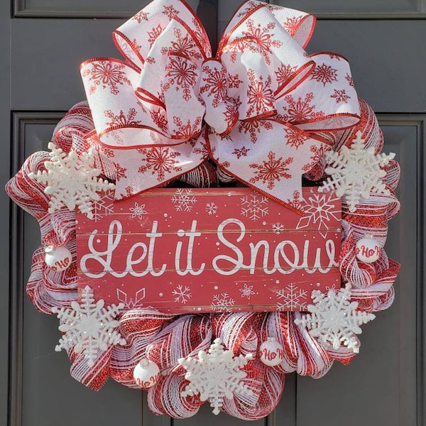 Winter Wreath, Christmas Wreath, Let It Snow Wreath, Snowflake Wreath, Holiday Welcome Wreath, Red & White Welcome Wreath, Front Door Wreath