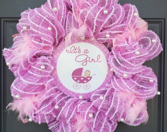 It's a girl wreath, Baby girl wreath, Welcome baby girl wreath, baby girl shower wreath, gender reveal girl wreath, pink welcome baby wreath