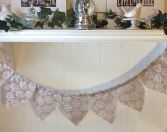 Burlap banner covered with floral lace, Valentine Burlap Bunting, Rustic Wedding Decor, Valentines Photo Prop.