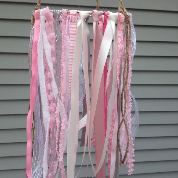 Baby Girl Mobile, Crib Mobile, Rustic Nursery Ribbon Mobile, Shades of Pink and White Mobile.