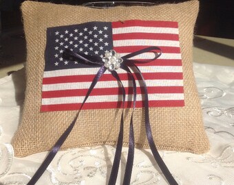 Patriotic Burlap Ring Bearer Pillow: Flag Wedding Decor