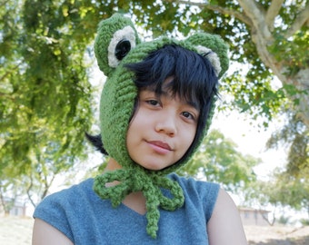 PDF Knitting Pattern: Funky Frog Hood - handmade knit frog hat headband bonnet