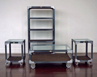 industrial style furniture cheap matching industrial bookcase and glass top coffee table two end tables metal wood top style furniture on wheels etsy industrial style furniture cheap matching industrial bookcase and glass top coffee table two end tables metal wood top style furniture on wheels etsy