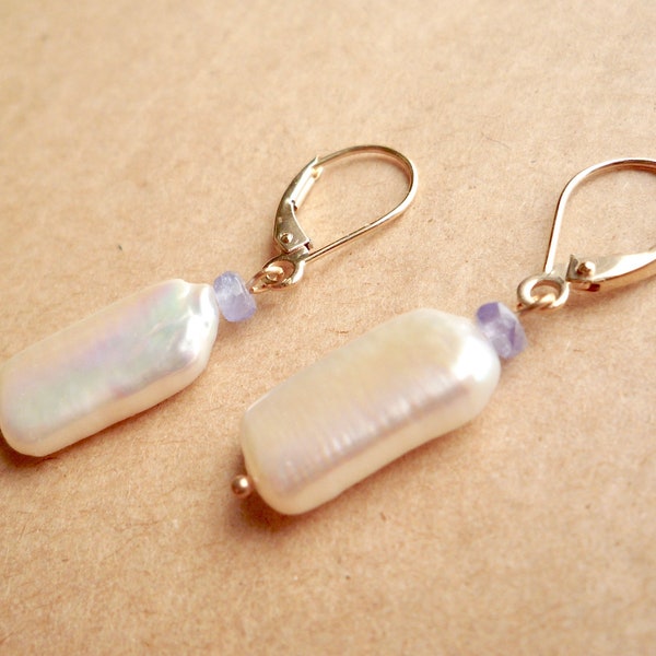 Rectangular pearl earrings with tanzanite on solid 14k lever back wires