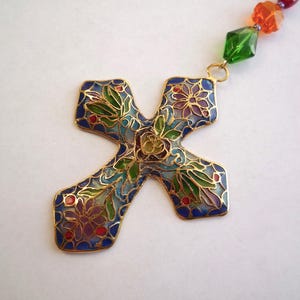 Cross ornament, Vintage plique a jour enamel cross Christmas ornament, Slightly damaged glass